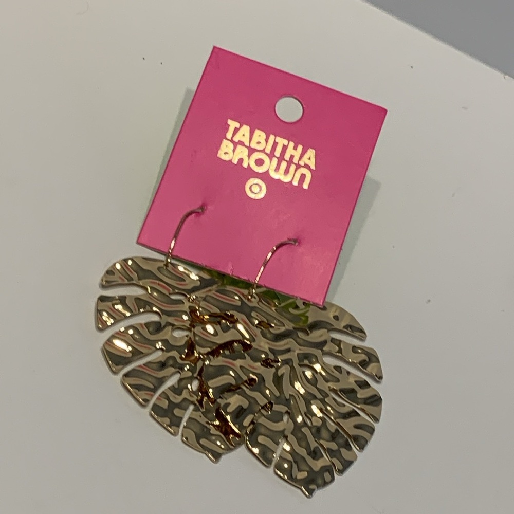 Tabitha Brown Limited Edition Gold Tone Metallic Palm Leaf Drop Earrings - Picture 5 of 11